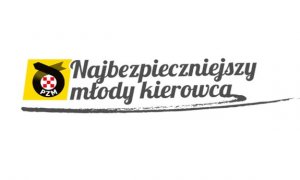 Logo Polskiego Związku Motorowego i napis: Najbezpieczniejszy Młody Kierowca.