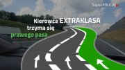 Na zdjęciu widać drogę z trzema pasami ruchu w jednym kierunku. Skrajnie prawy pas jest koloru zielonego. Na zdjęciu widnieje napis Kierowca ekstraklasa trzyma się prawego pasa