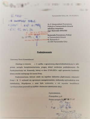Zdjęcie przedstawia treść podziękowań, która została ujęta w tekście komunikatu