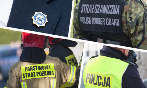 Kolaż czterech zdjęć, na trzech zdjęciach odwróceni tyłem funkcjonariusze policji, straży granicznej i  państwowej straży pożarnej z nazwami służb na plecach kamizelek założonych na mundury, na czwartym zdjęciu klapa garnituru z logiem służby ochrony państwa.