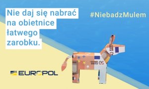 grafika przedstawia muła zbudowanego z banknotów euro, po lewej stronie napis nie daj się nabrać na obietnice łatwego zarobku.