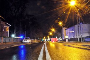 Na zdjęciu widać drogę, na której znajduje się czerwony parawan oraz policyjny radiowóz. Na poboczu widać policjanta wykonującego czynności.