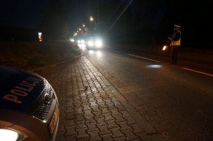 Na zdjęciu widać policjanta na drodze. Mundurowy trzyma w dłoni latarkę ze światłem czerwonym. W kierunku policjanta jadą samochody.