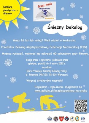 plakat z informacjami o konkursie, na niebieskim tle w lewym górnym rogu słoneczko, poniżej po lewo biała chmurka a na dole żółta postać narciarza i snowboardzisty.