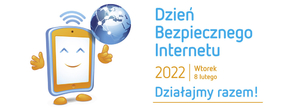 na zdjęciu widocznych telefon komórkowy posiadający nogi i ręce, kręcący na palcu kulą ziemską koloru niebieskiego jako metaforę internetu