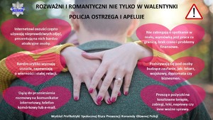 na zdjęciu postać w ciemnej bluzce tyłem, na szyi dłonie z pomalowanymi paznokciami, po lewej i prawej stronie po trzy serca a w środku nich napisy, nad logo policji