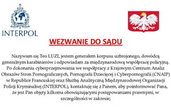 na grafice widoczny czerwony napis wezwanie do sądu, z lewej strony logo z napisem interpol, z prawej godło polski, w dolnej części czarny tekst
