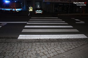 Przejście dla pieszych. Po drugiej stronie przejścia widać policjanta oraz policyjny radiowóz.
