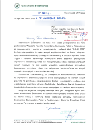 podziękowania w formie pisemnej dla policjantów KP Radzionków za współprace z Nadleśnictwem Świerklaniec
