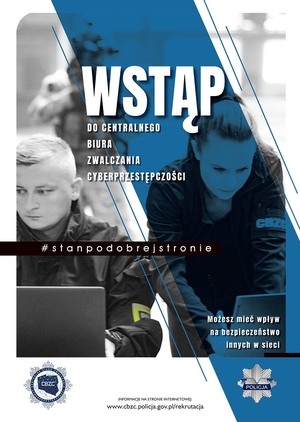 kolorowa grafika z wizerunkiem kobiety i mężczyzny oraz napisami &quot;wstąp do centralnego biura zwalczania cyberprzestępczości