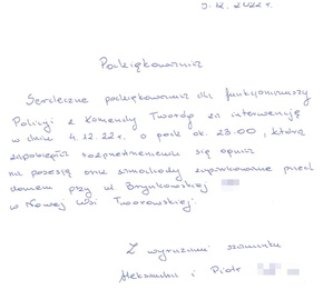 na zdjęciu tekst podziękowań dla policjantów