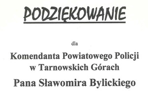 grafika z napisem podziękowania dla Komendanta Powiatowego Policji w Tarnowskich Górach