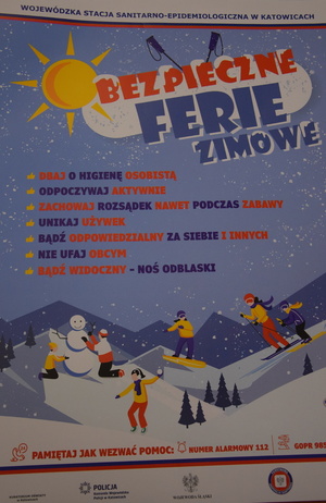 grafika informacyjna z napisem bezpieczne ferie