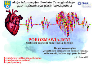 grafika przedstawiające ulotkę informacyjną do akcji związanej z transplantologią