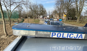 na zdjęciu na pierwszym planie dach policyjnego radiowozu z neonem, za nim dwa radiowozy zaparkowane na drodze, obok plac zabaw, w oddali zabudowania