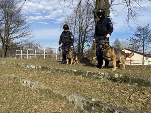 na zdjęciu dwóch policjantów z psami na terenie stadionu, w tle widoczny sklep