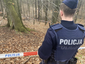 na zdjęciu policjant przy taśmie z napisem policja w lesie obok drzewa