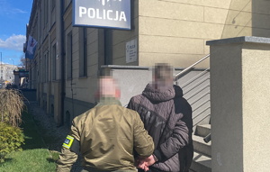 na zdjęciu policjant w ubiorze cywilnym prowadzi zatrzymanego do budynku komendy