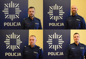 kolaż zdjęć nowych dzielnicowych, którzy stoją przy banerze z napisem policja