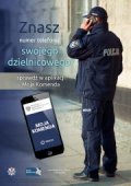 grafika przedstawiająca policjanta, który rozmawia przez telefon a obok napis znasz numer telefonu swoje dzielnicowego? sprawdź w aplikacji moja komenda