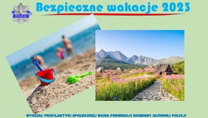 grafika z napisem bezpieczne wakacje 2023 ora dwoma fotografiami, na których widać morze i góry