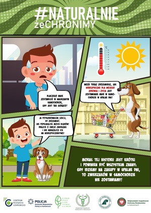 Plakat przedstawiający chłopca zamkniętego w rozgrzanym aucie podczas pogodnego dnia „Dlaczego mnie zostawiłeś w nagrzanym samochodzie, gdy jest tak gorąco?”. W tym samym czasie pies robi zakupy w sklepie „Może teraz zrozumiesz, jak niebezpieczne dla mojego zdrowia i życia jest zostawianie mnie w samochodzie w upalne dni!”. Ostatnia część grafiki przedstawia chłopca razem z psem „Ja potrzebowałem lekcji, by zrozumieć. Nie popełniajcie moich błędów! Dbajcie o swoje zwierzaki i nie narażajcie ich na niebezpieczeństwo”. Na plakacie widoczne są również logotypy kampanii „Naturalnie, że chronimy” oraz wszystkich partnerów Centrum Rozwoju Lokalnego, Policja, Regionalna Dyrekcja Ochrony Środowiska, Wojewódzki Inspektorat Weterynarii, Dyrekcja Lasów Państwowych, Wojewódzki Inspektorat Ochrony Środowiska.