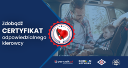 grafika z napisem zdobądź certyfikat odpowiedzialnego kierowcy, obok napisu mężczyzna zapinający pasy w foteliku dla dziecka
