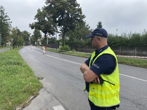 na zdjęciu policjant na jezdni przy trasie biegu