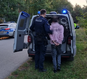 na zdjęciu policjant trzyma zatrzymanego przy policyjnym radiowozie z otwartymi tylnymi drzwiami