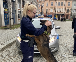 na zdjęciu policjantka z psem, za nią radiowóz