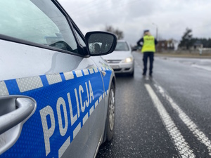 na zdjęciu fragment policyjnego radiowozu, przed nim policjantka przy innym samochodzie