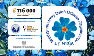 grafika z kwiatem koloru niebieskiego i napisem międzynarodowy dzień dziecka zaginionego 2024 i dane kontaktowe