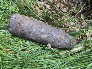 na zdjęciu skorodowany pocisk na trawie