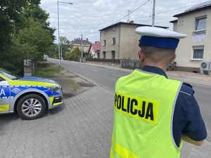 na zdjęciu policjant przy jezdni, obok zaparkowany radiowóz