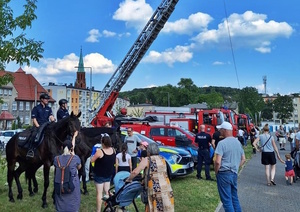 na zdjęciu widoczni policjanci na koniach, obok nich radiowóz i wozy strażackie oraz inne osoby