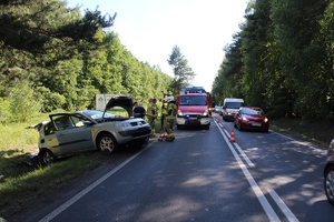 na zdjęciu miejsce zdarzenia, na którym w rowie rozbity samochód, za nim wóz strażacki i inne pojazdy