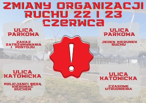 grafika z wykrzyknieniem i napisem zmiany w organizacji ruchu w dniach 22 i 23 czerwca