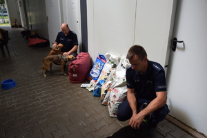 Na zdjęciu policjanci z karmą i psami