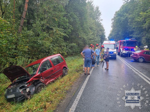 Na zdjęciu czerwony samochód w rowie z otwartą maską obok na jezdni osoby i strażacy karetka pogotowia wóz strażacki inny pojazd tyłem