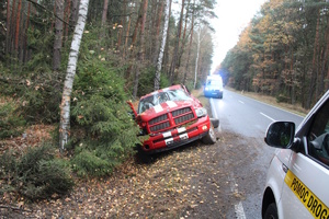 na zdjęciu samochód w rowie, za nim radiowóz