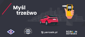 grafika z ciemnym tłem, na którym czerwony samochodzik, dłoń osoby trzymająca alkomat, zarysy budynków, na dole logo partnerów akcji