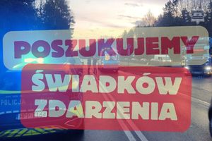 na zdjęciu policyjny radiowóz na jezdni i napis poszukujemy świadków zdarzenia