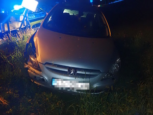 na zdjęciu srebrny samochód na trawniku przy jezdni z widocznymi uszkodzeniami