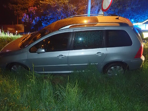 na zdjęciu srebrny samochód na trawniku przy jezdni z widocznymi uszkodzeniami