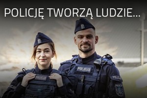 na zdjęciu policjant i policjantka a nad nimi napis: policję tworzą ludzie