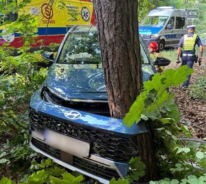 Na zdjęciu samochód wbity w drzewo zanim karetka pogotowia radiowóz policyjny Strażak i policjant