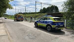 na zdjęciu radiowóz, karetka pogotowia i osoby na moście