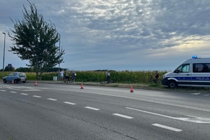 na zdjęciu radiowóz, samochód, osoby i rower