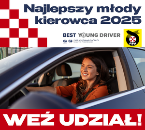 na zdjęciu osoby w aucie, nad nią napis najlepszy młody kierowca 2025 pod nią napis weź udział