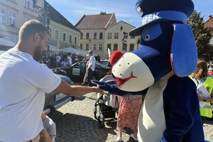 na zdjęciu policyjna maskotka sznupek na płycie tarnogórskiego rynku w trakcie zlotu pojazdów zabytkowych w towarzystwie różnych osób robiący zdjęcia